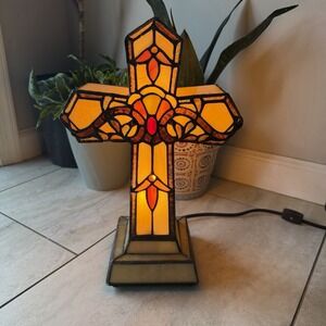 River of Goods Tiffany Style Genuine Art Glass Cross Accent Lamp Night Light